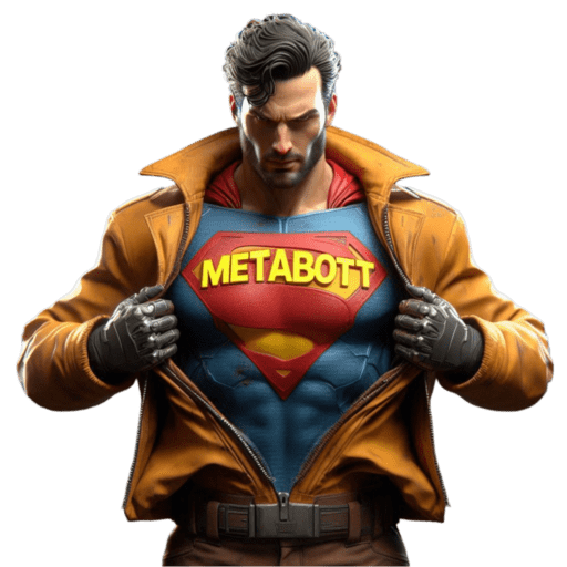 Superman-inspired figure reveals "METABOTT" emblem on his chest.